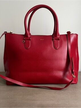 Ralph Lauren Red Leather Tote Bag – Large Top Handle Satchel w/ Strap